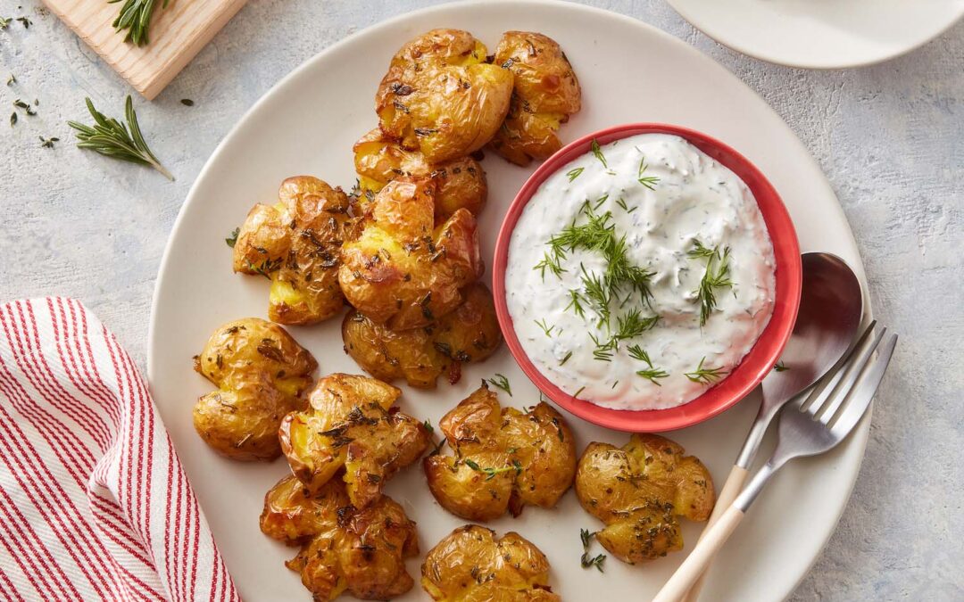 Garlic & Herb Smashed Potatoes with Dill Sour Cream