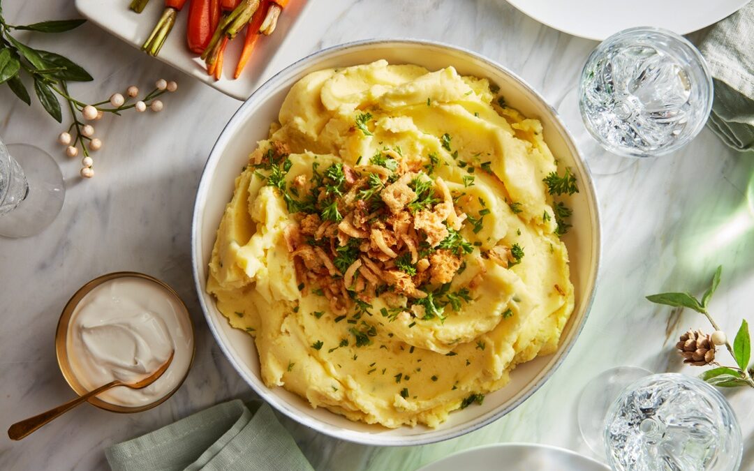 Whipped Sour Cream and chive Mashed Potatoes with Crispy Onion Topping