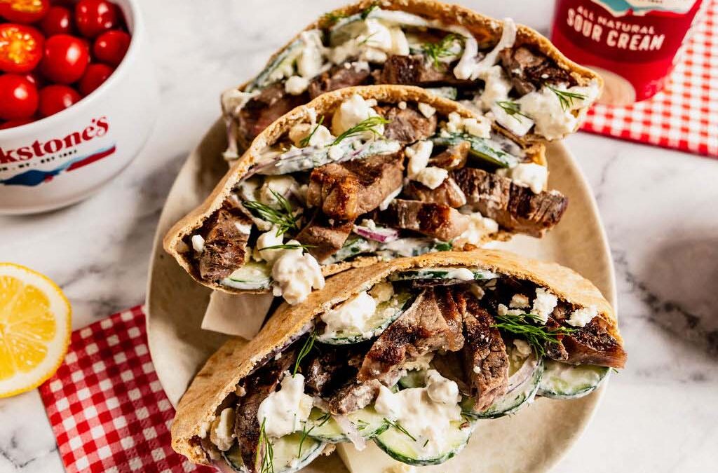 Grilled Steak with Tzatziki Salad Pitas